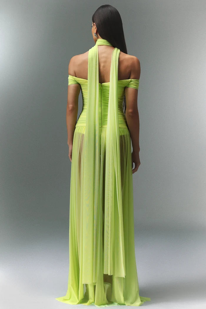 Neon Luxe Off-Shoulder Chiffon Gown