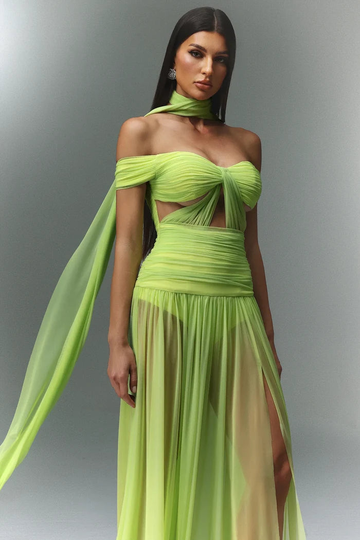 Neon Luxe Off-Shoulder Chiffon Gown
