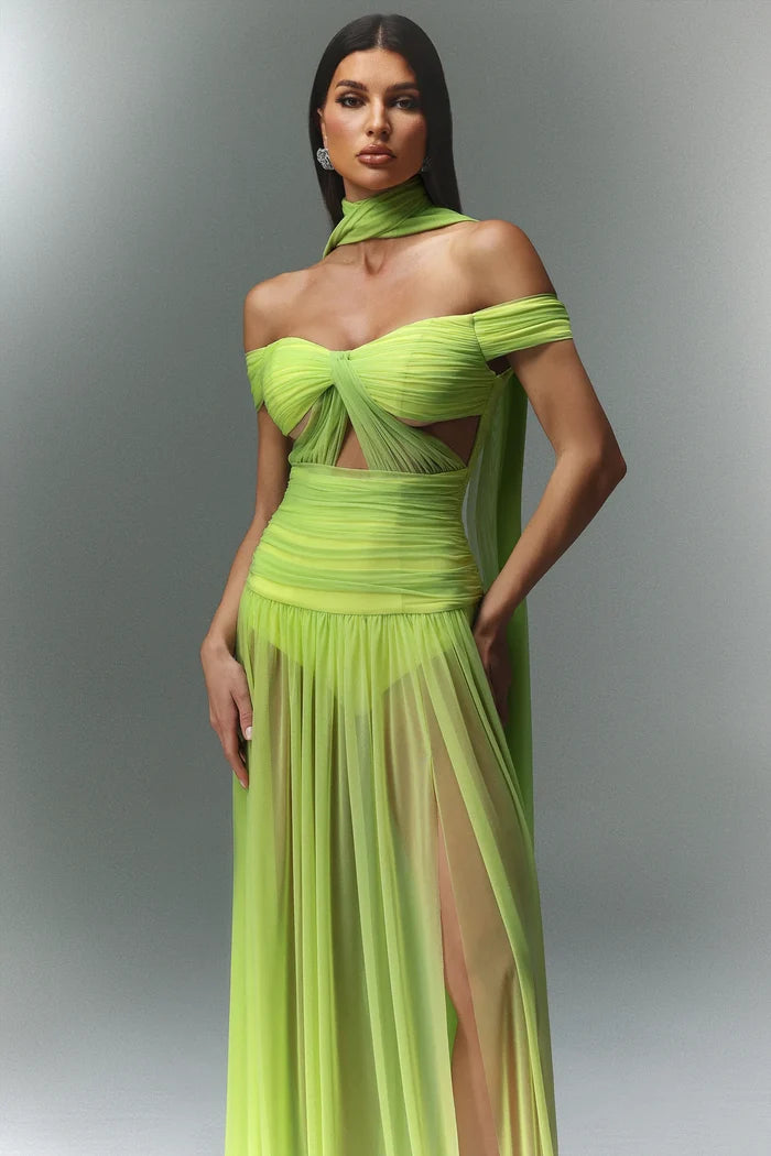 Neon Luxe Off-Shoulder Chiffon Gown