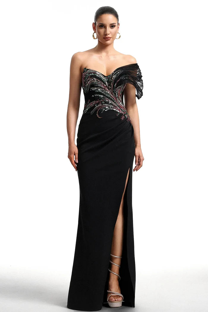 Nina Elegant Off-Shoulder Beaded Gown