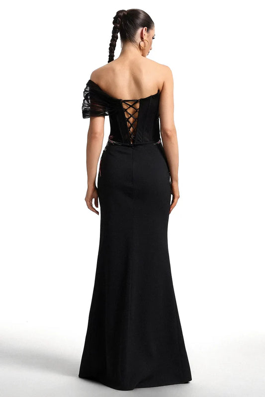 Nina Elegant Off-Shoulder Beaded Gown
