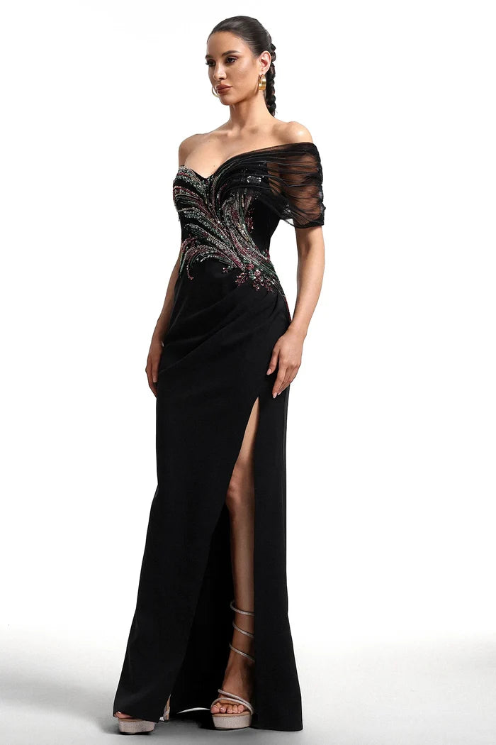 Nina Elegant Off-Shoulder Beaded Gown