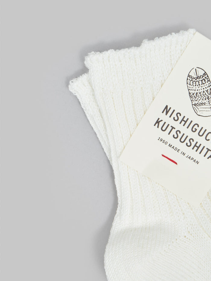 nishiguchi kutsushita linen ribbed socks off white elastic band