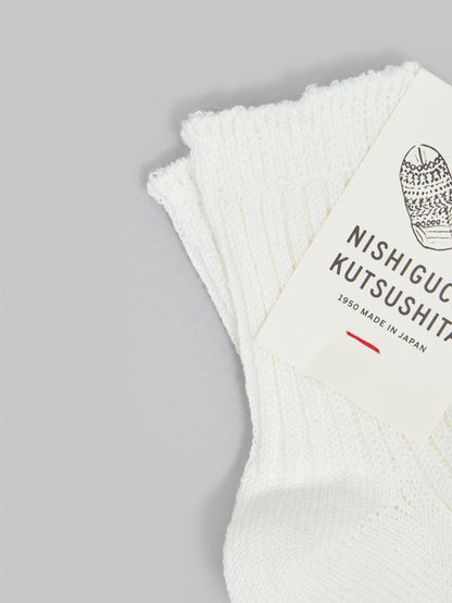 nishiguchi kutsushita linen ribbed socks off white elastic band