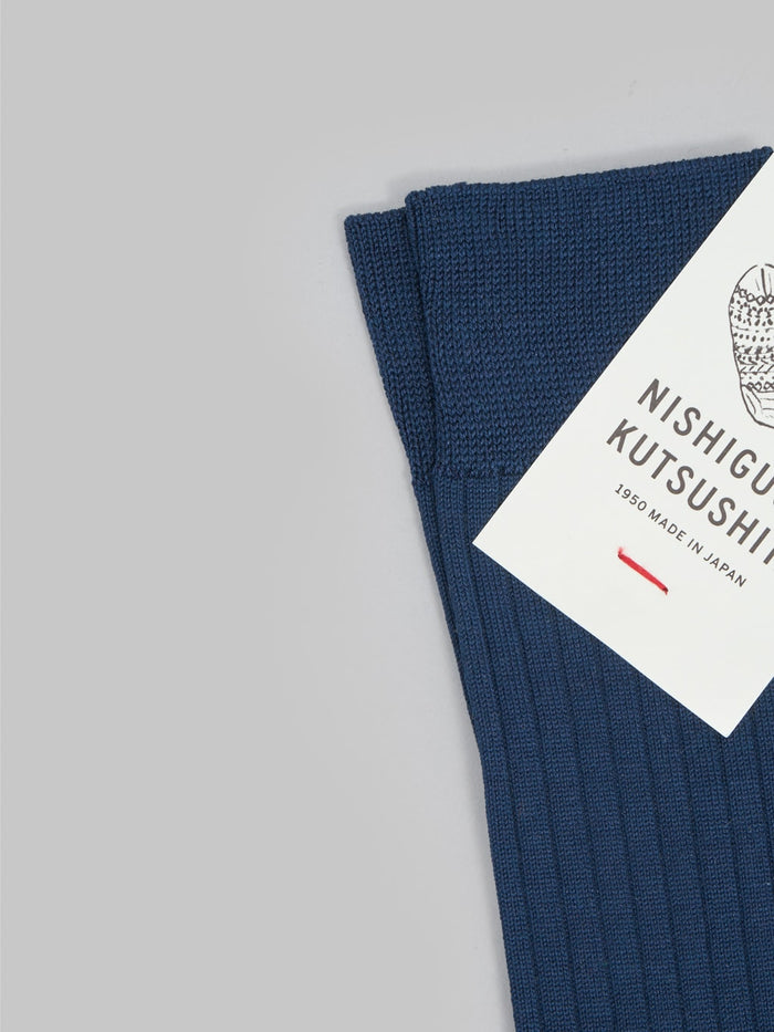 nishiguchi kutsushita silk cotton ribbed socks navy elastic band