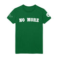 Youth Of Today green heavy cotton T-shirt with bold white “NO MORE” front text, small printed graphics and text on the left sleeve, and a white circular symbol on the right sleeve.