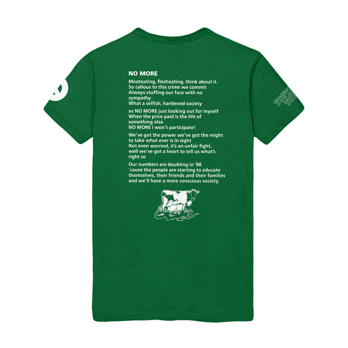 Youth Of Today green Gildan heavy cotton t-shirt with white text about animal rights and conscious living on the back, plus an illustration of a cow, pig, and chicken standing together below the poem.