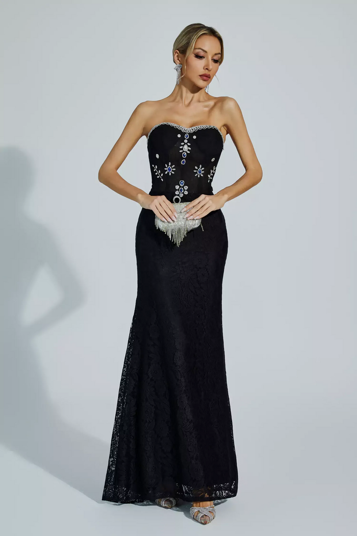 Olivia Black Strapless Embellished Evening Gown