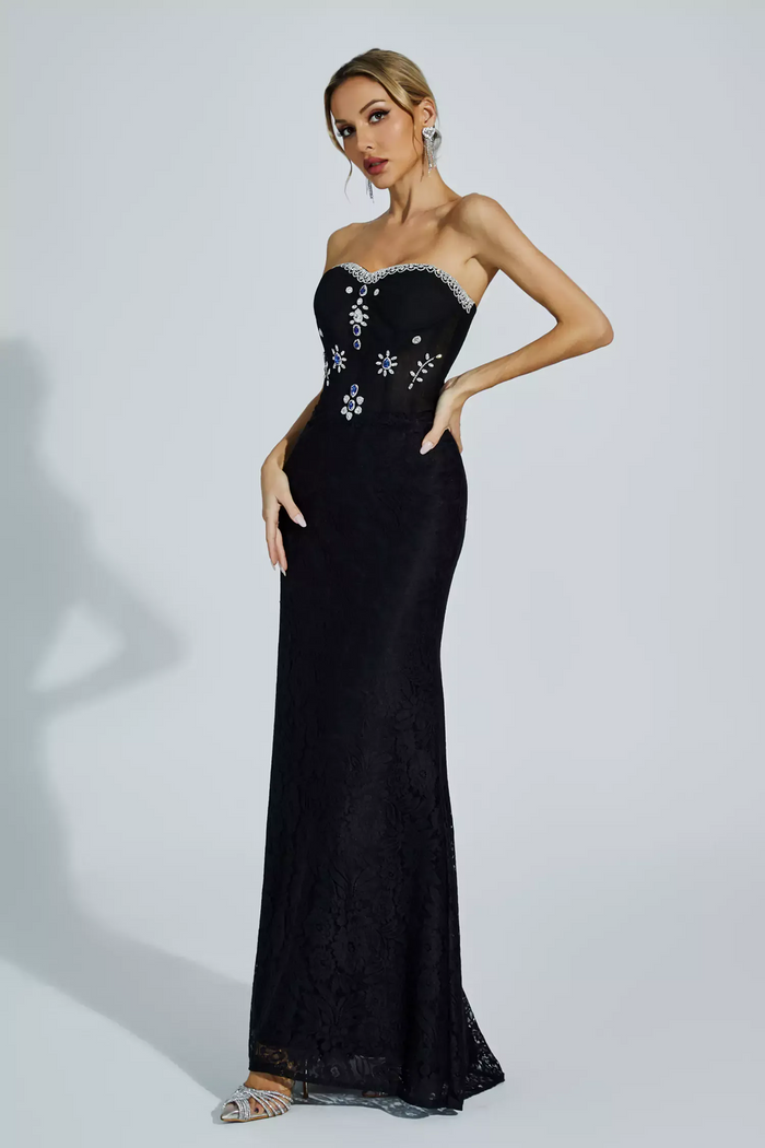 Olivia Black Strapless Embellished Evening Gown