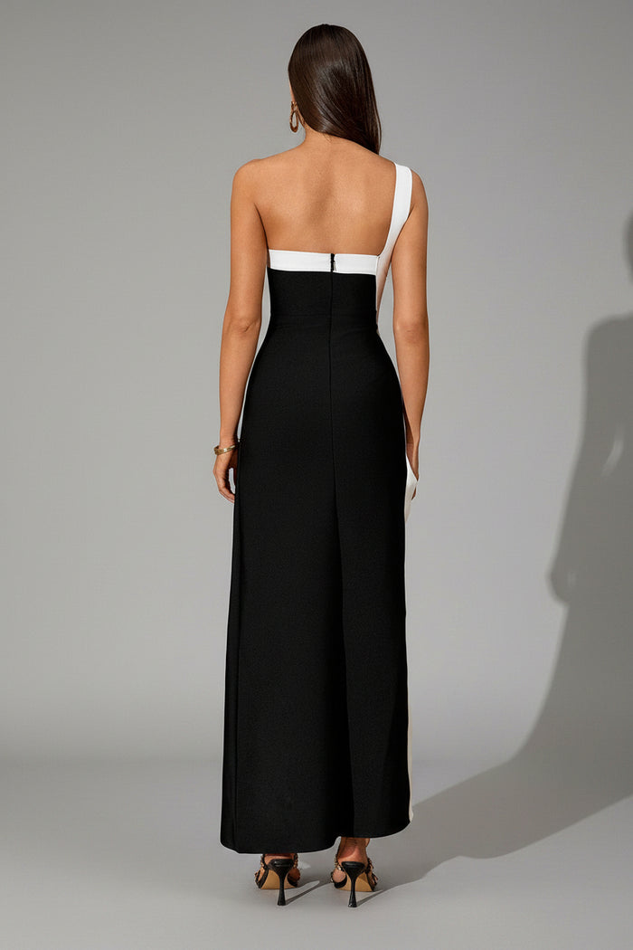 One-Shoulder Contrast High-Slit Maxi Dress