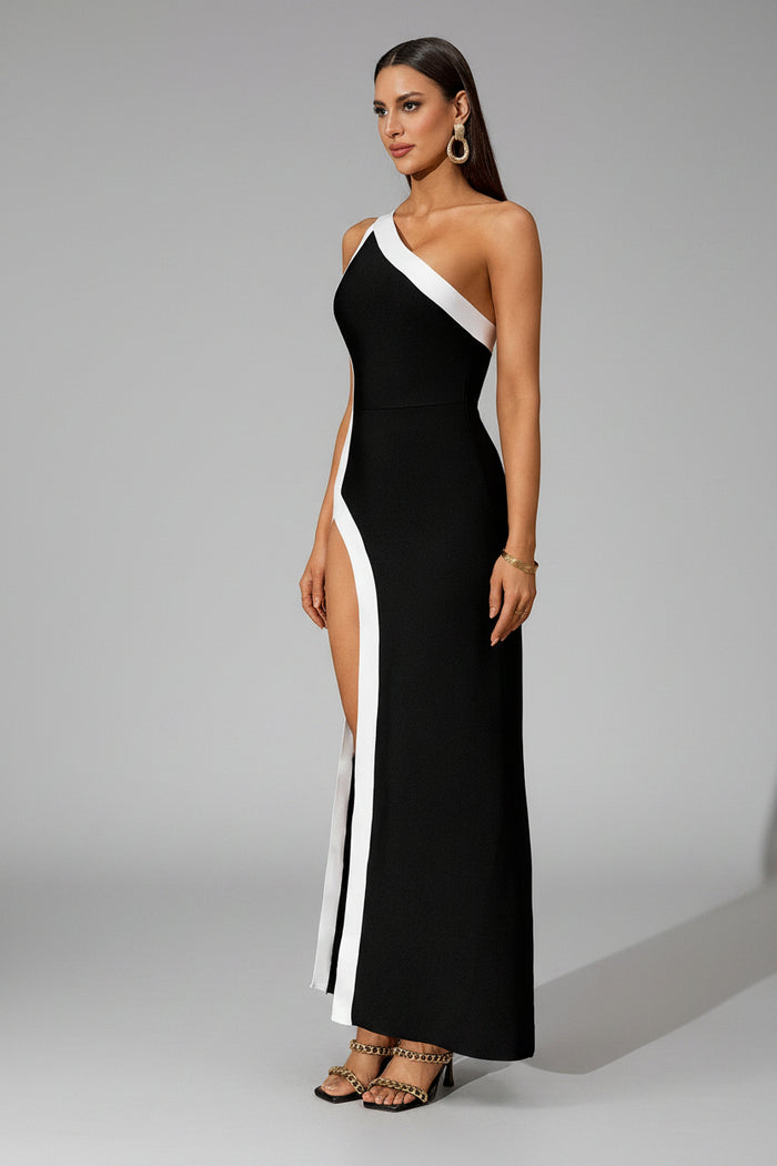 One-Shoulder Contrast High-Slit Maxi Dress