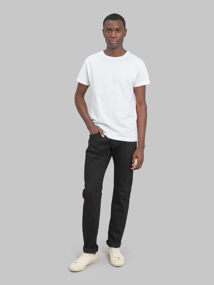 oni 642 jet black denim 13oz relaxed tapered selvedge jeans look