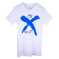 A white Matt Nathanson T-shirt featuring a large blue painted X across the chest, with black stylized text above and below—ideal for fans of bold printed tees.