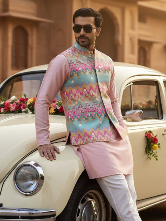 Pastel Multi Cotton Silk Geometric Nehru Jacket