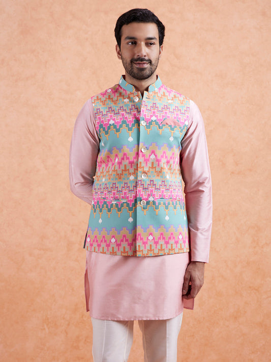 Pastel Multi Cotton Silk Geometric Nehru Jacket