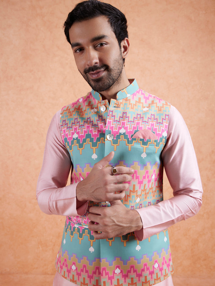 Pastel Multi Cotton Silk Geometric Nehru Jacket