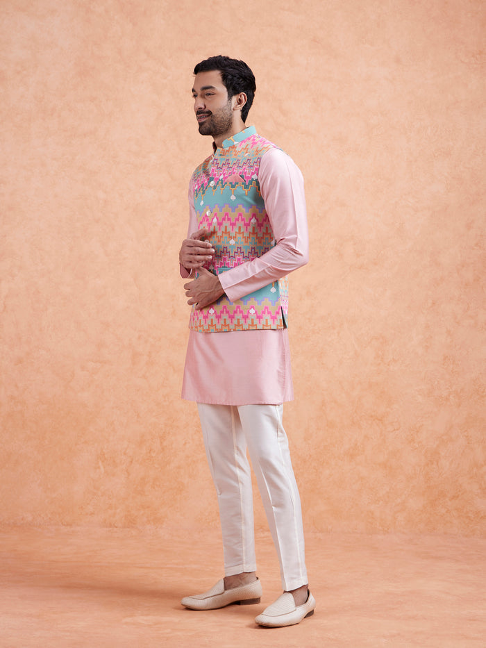 Pastel Multi Cotton Silk Geometric Nehru Jacket
