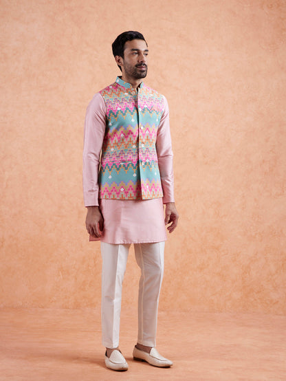 Pastel Multi Cotton Silk Geometric Nehru Jacket