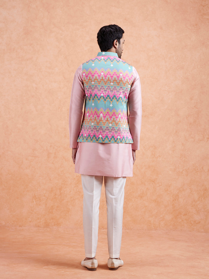 Pastel Multi Cotton Silk Geometric Nehru Jacket