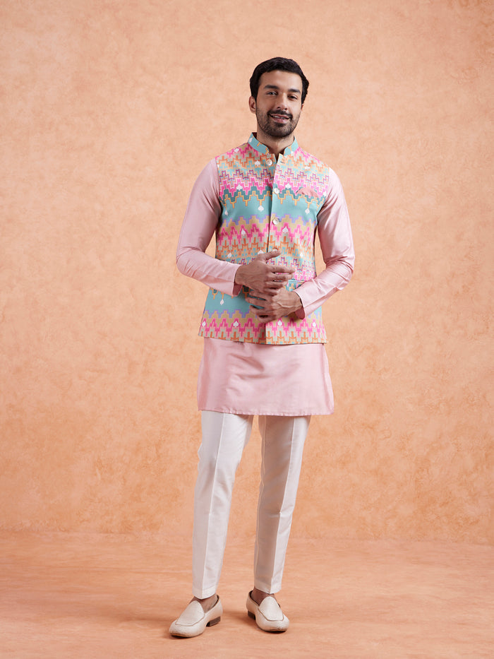 Pastel Multi Cotton Silk Geometric Nehru Jacket