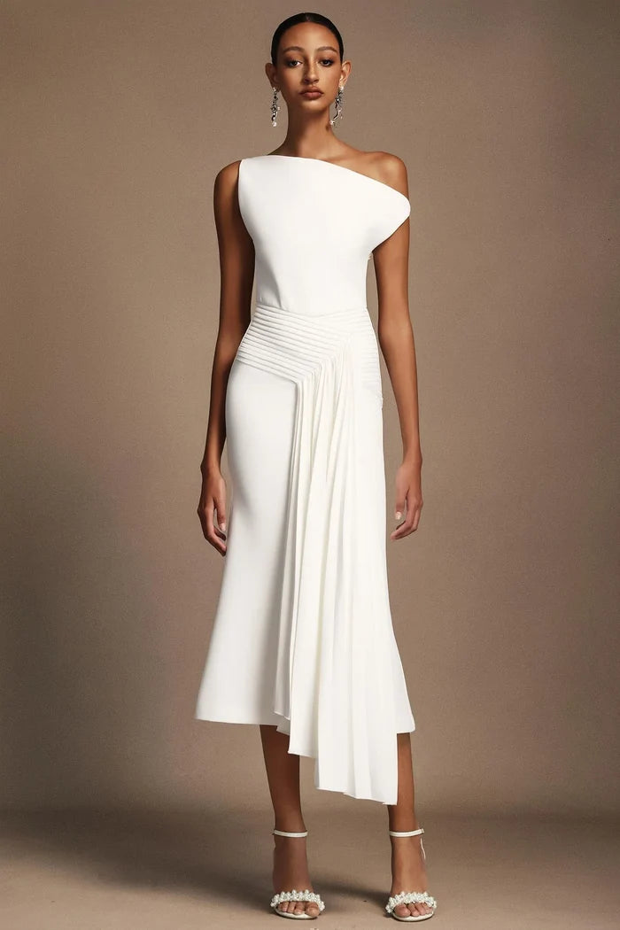 Pauline White Draped Midi Dress