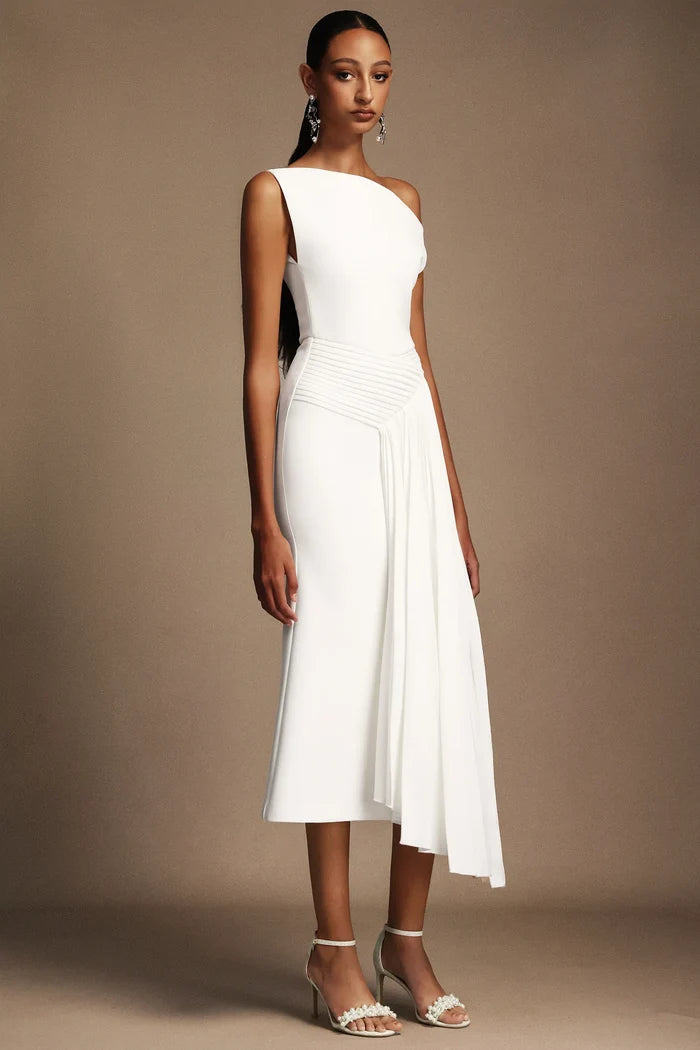 Pauline White Draped Midi Dress