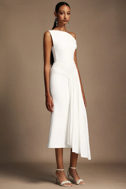 Pauline White Draped Midi Dress