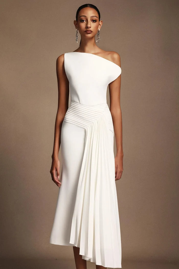 Pauline White Draped Midi Dress