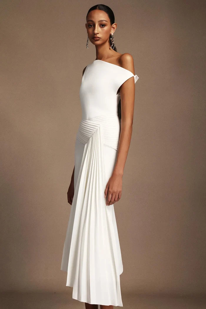 Pauline White Draped Midi Dress