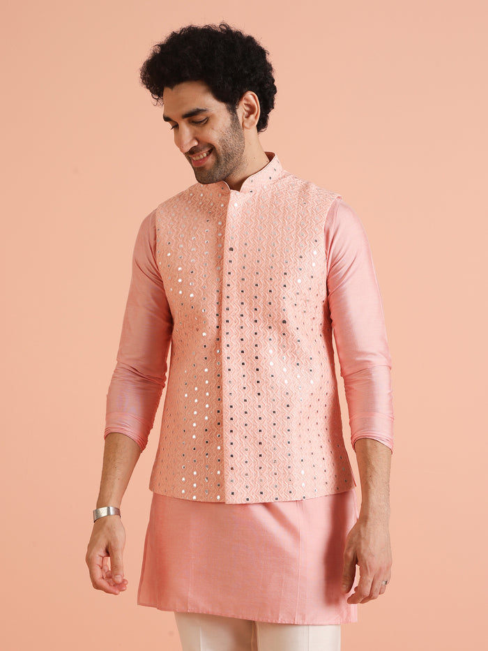 Peach Mirror Work Nehru Jacket