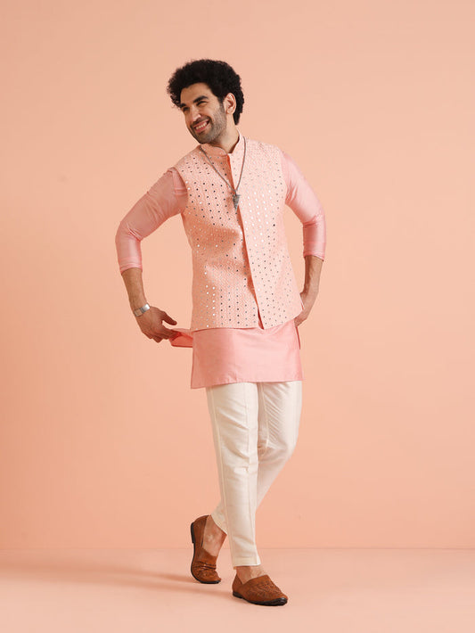 Peach Mirror Work Nehru Jacket