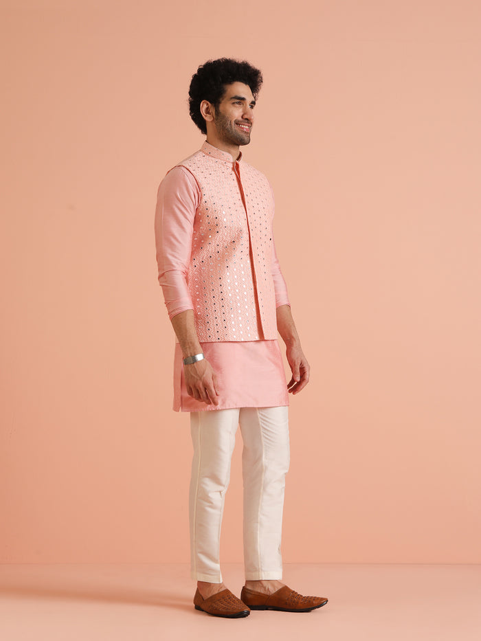 Peach Mirror Work Nehru Jacket