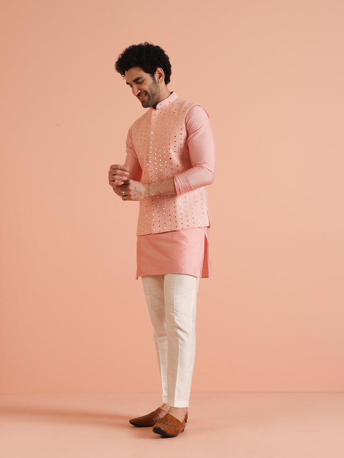 Peach Mirror Work Nehru Jacket
