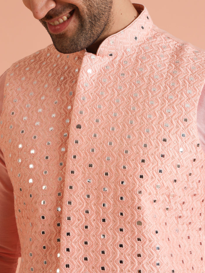Peach Mirror Work Nehru Jacket