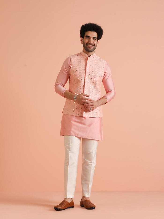 Peach Mirror Work Nehru Jacket