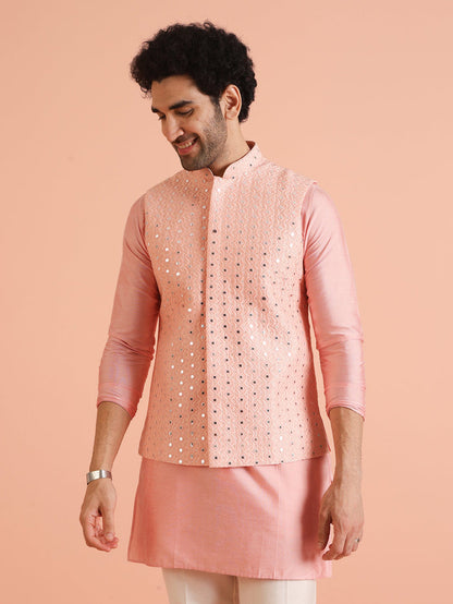 Peach Mirror Work Nehru Jacket