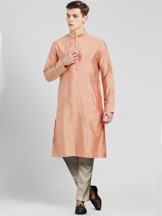 Peach Silk Blend Kurta Set with Subtle Sheen and Beige Trousers â€“ Festive & Wedding Ensemble