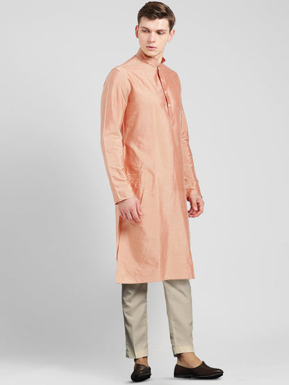 Peach Silk Blend Kurta Set with Subtle Sheen and Beige Trousers â€“ Festive & Wedding Ensemble