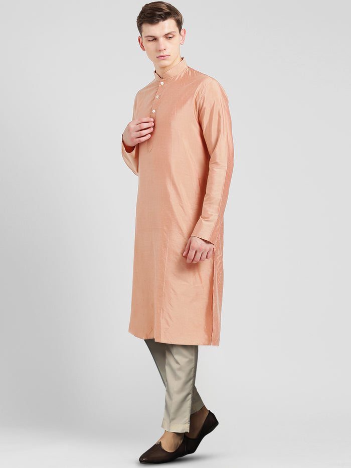 Peach Silk Blend Kurta Set with Subtle Sheen and Beige Trousers â€“ Festive & Wedding Ensemble