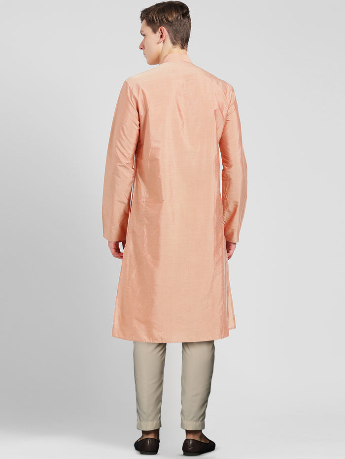 Peach Silk Blend Kurta Set with Subtle Sheen and Beige Trousers â€“ Festive & Wedding Ensemble