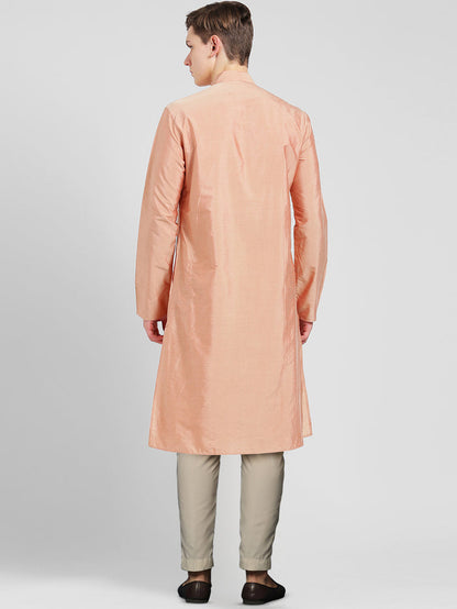 Peach Silk Blend Kurta Set with Subtle Sheen and Beige Trousers â€“ Festive & Wedding Ensemble