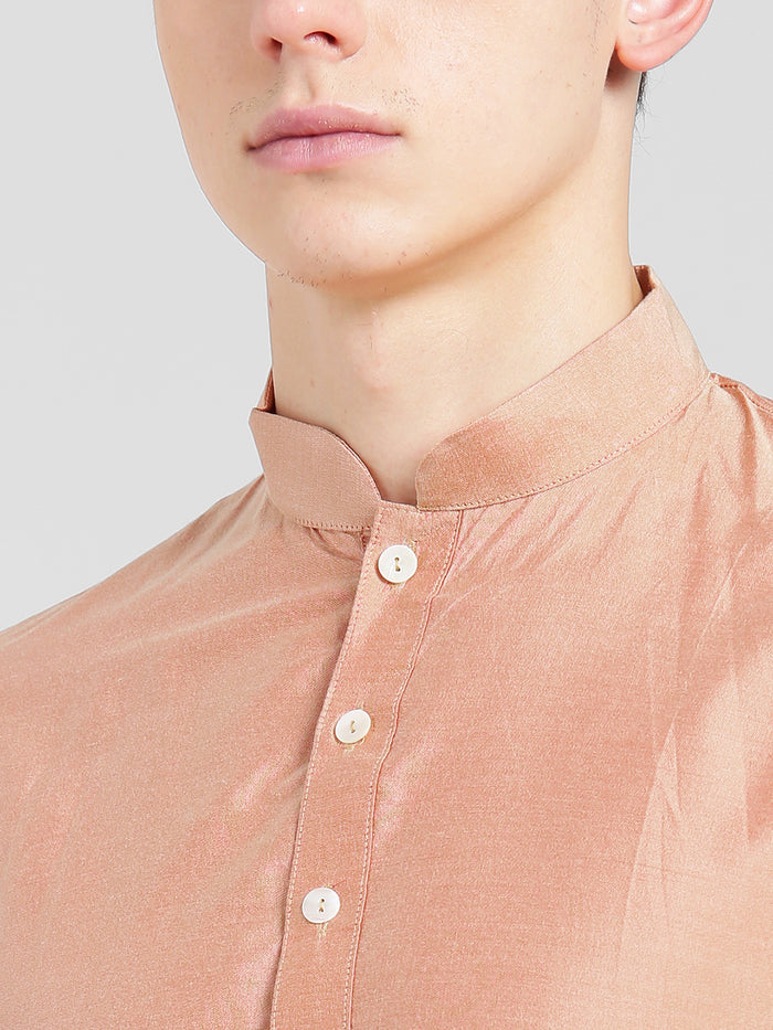 Peach Silk Blend Kurta Set with Subtle Sheen and Beige Trousers â€“ Festive & Wedding Ensemble