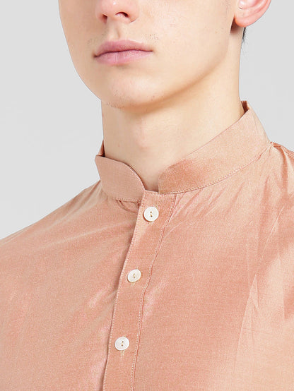 Peach Silk Blend Kurta Set with Subtle Sheen and Beige Trousers â€“ Festive & Wedding Ensemble