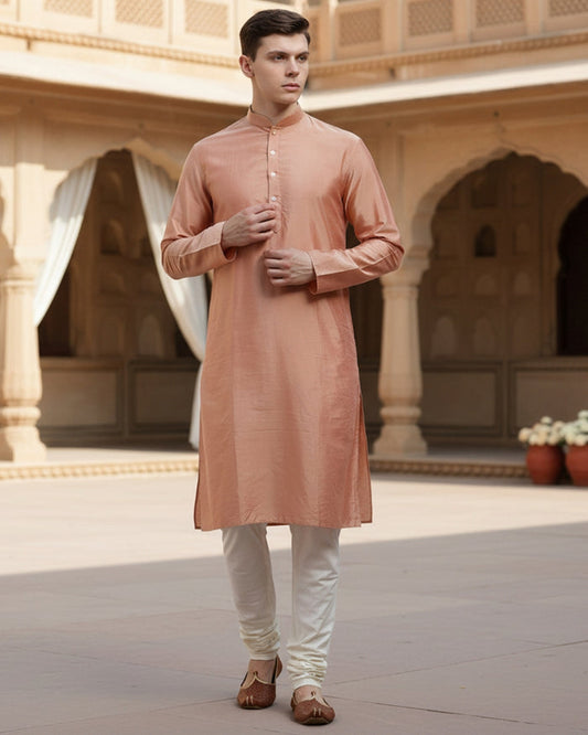 Peach Silk Blend Long Kurta - Solid Festive Wear with Mandarin Collar for Weddings & Celebrations