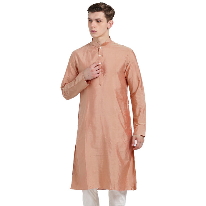 Peach Silk Blend Long Kurta - Solid Festive Wear with Mandarin Collar for Weddings & Celebrations