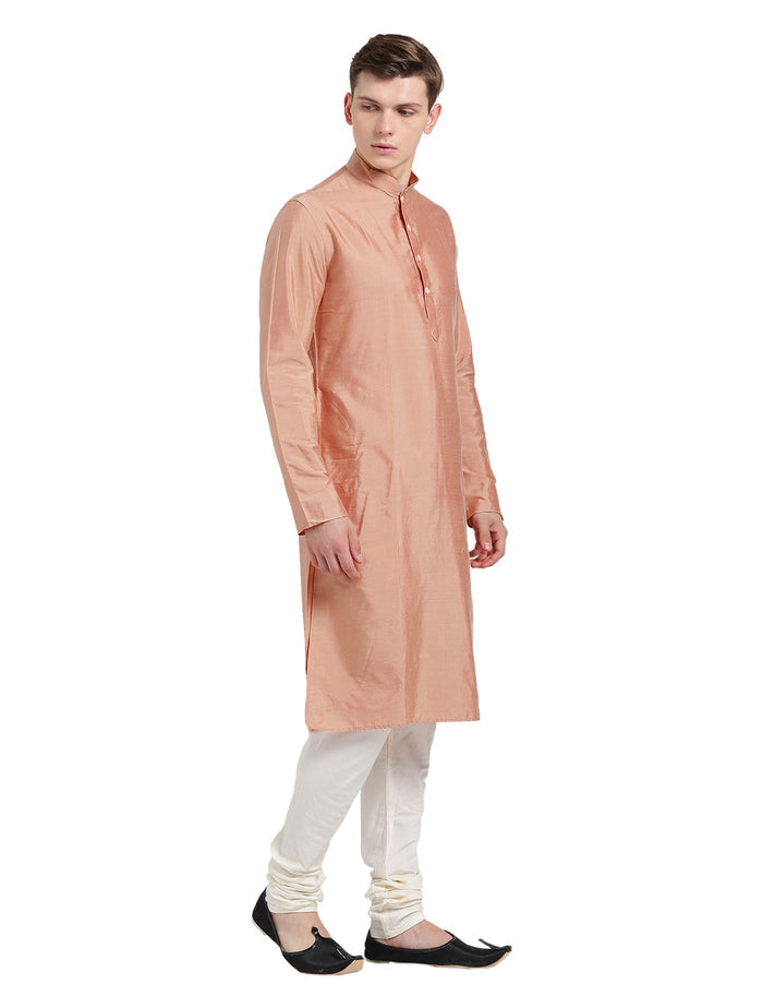 Peach Silk Blend Long Kurta - Solid Festive Wear with Mandarin Collar for Weddings & Celebrations
