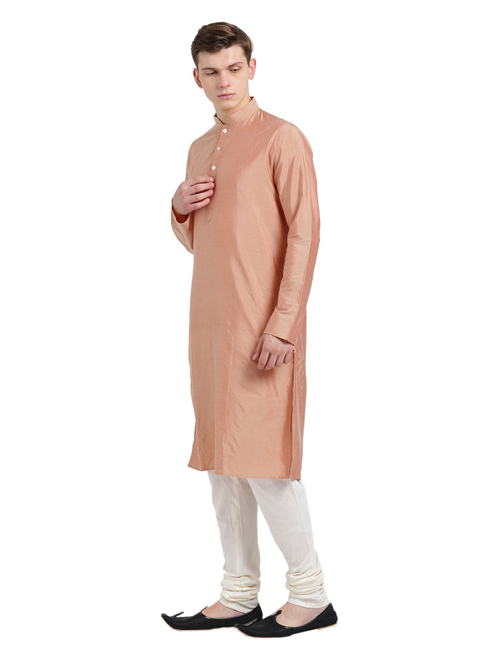 Peach Silk Blend Long Kurta - Solid Festive Wear with Mandarin Collar for Weddings & Celebrations