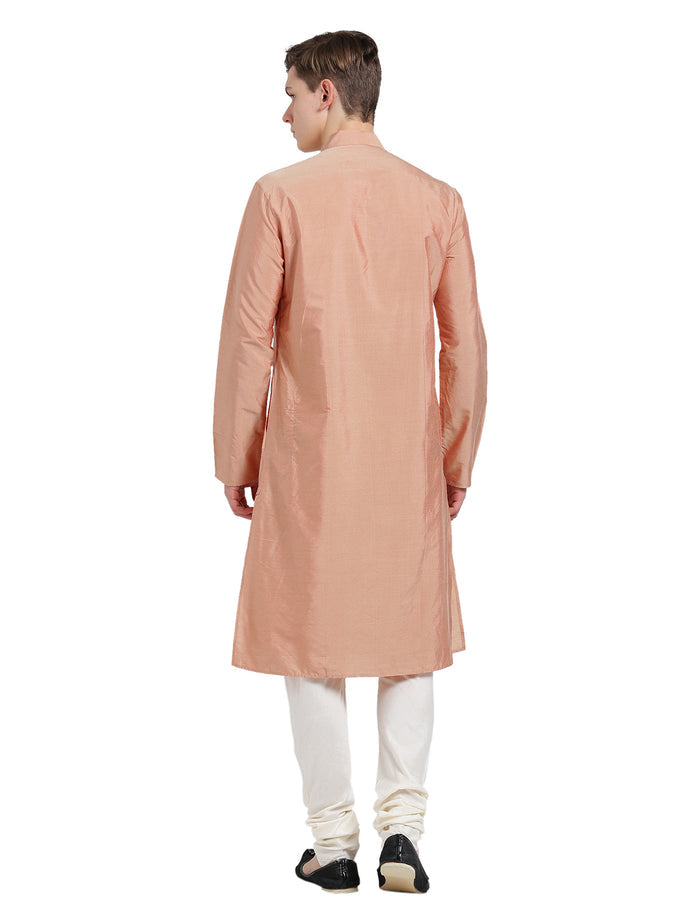 Peach Silk Blend Long Kurta - Solid Festive Wear with Mandarin Collar for Weddings & Celebrations