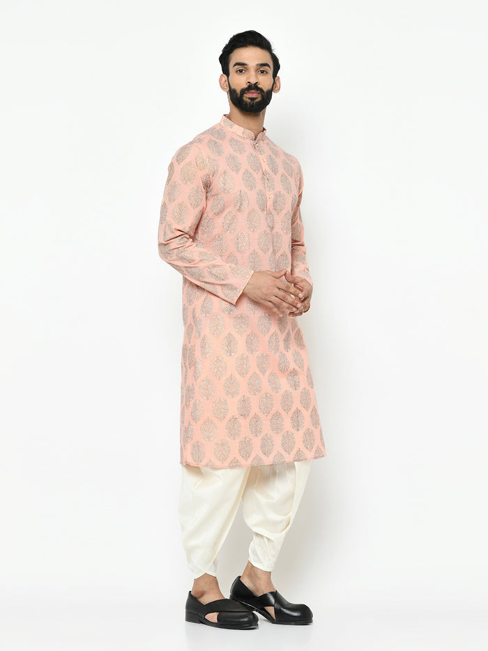 Peach Silk Blend Printed Kurta Dhoti