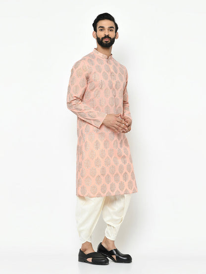 Peach Silk Blend Printed Kurta Dhoti